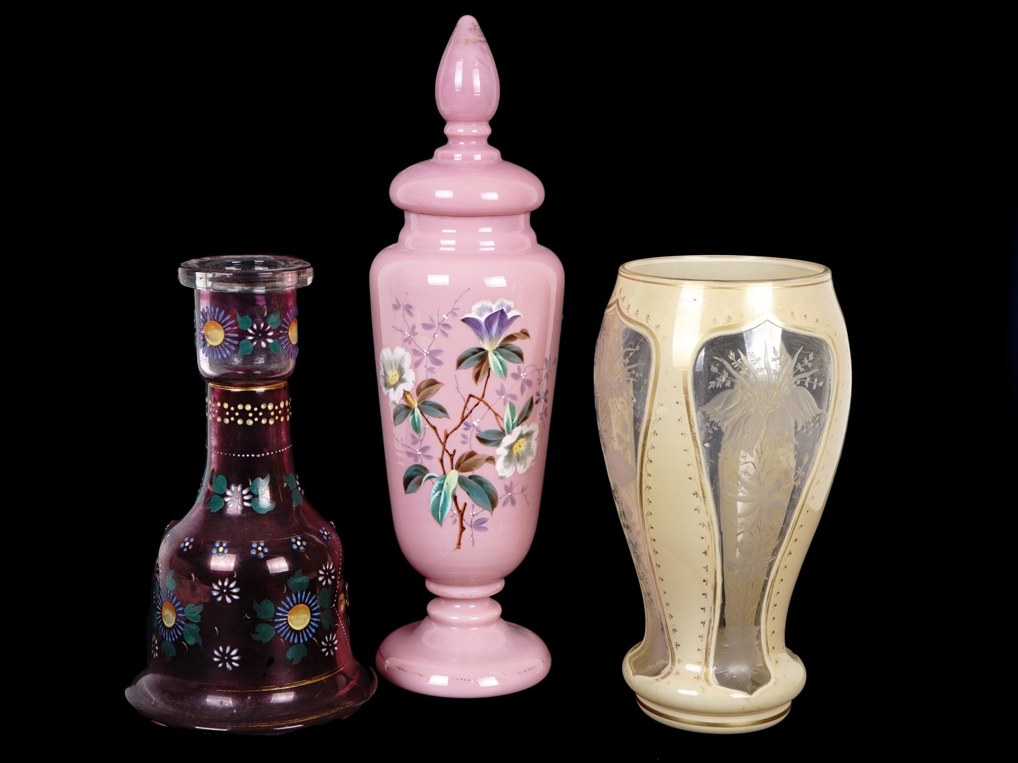 THREE BOHEMIAN AND OPALINE GLASS ENAMELED VASES PIC-0